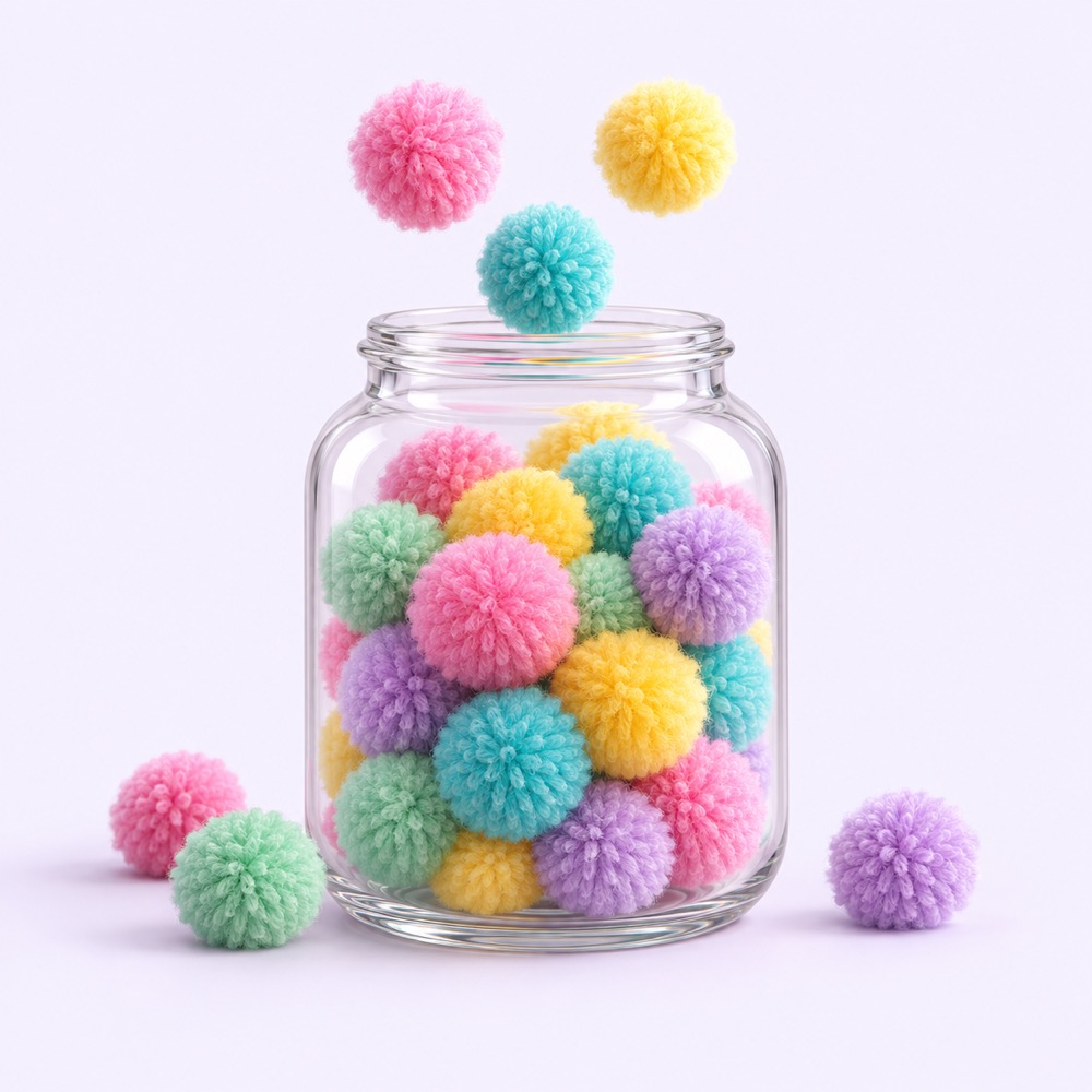 A clear reward jar filled with colorful, fluffy pom-poms, with a few more floating above it.
